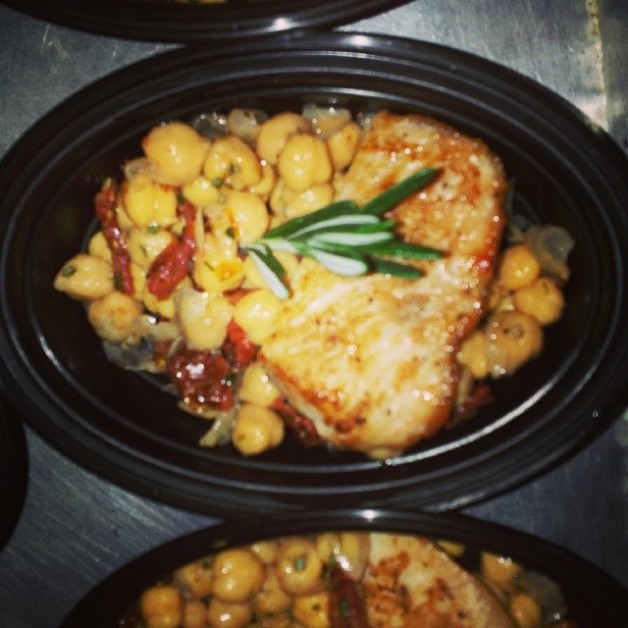 Pan seared halibut with sundried tomatoes and chick peas